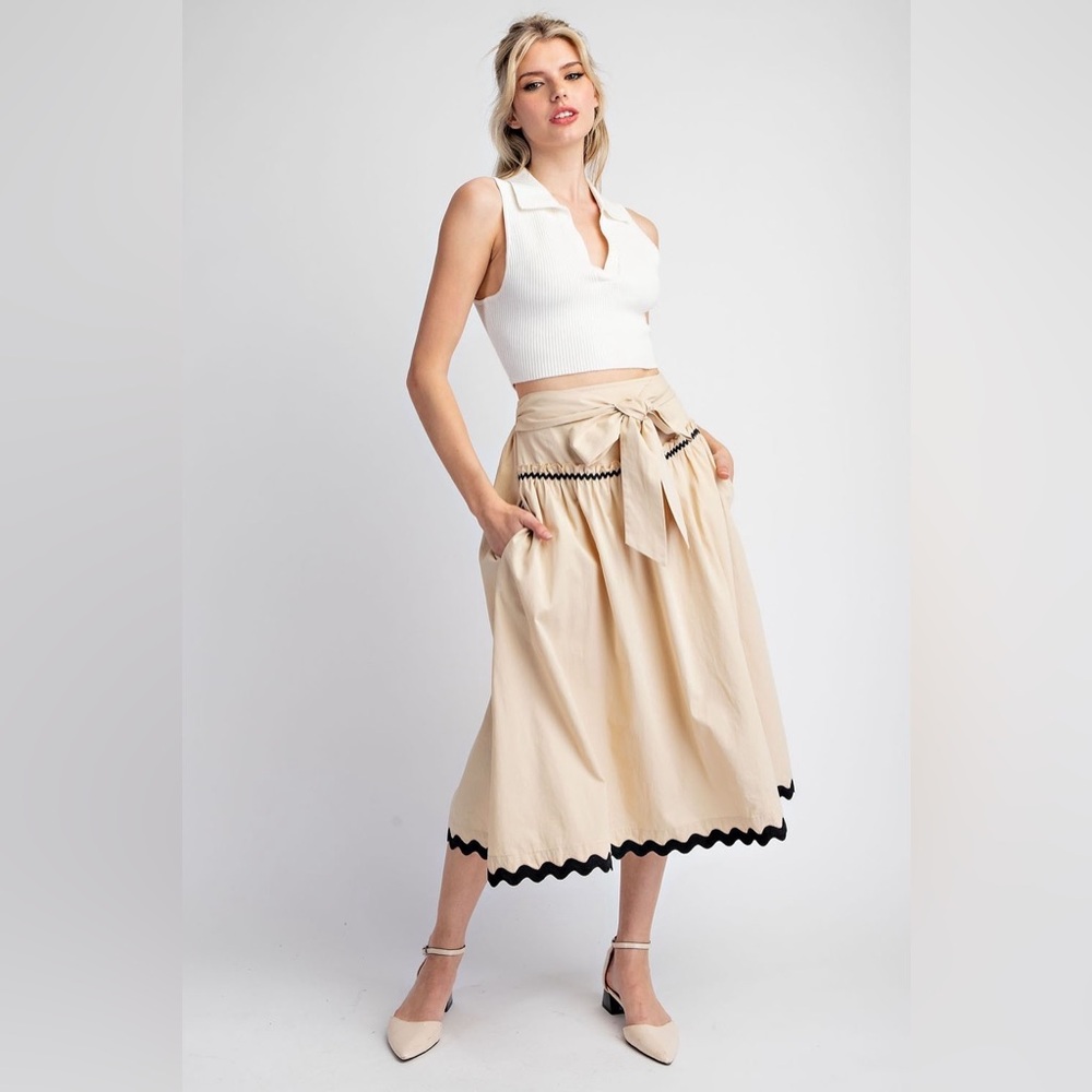 Bow Front Ric Rac Trim A-Line Midi Skirt - eesome